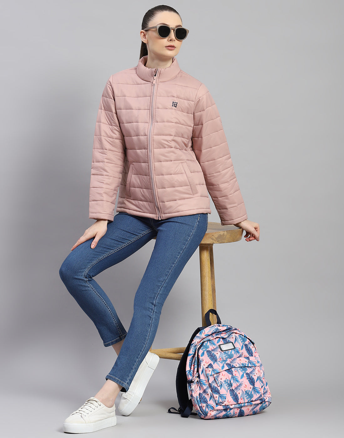 Women Peach Solid Stand Collar Full Sleeve Jacket