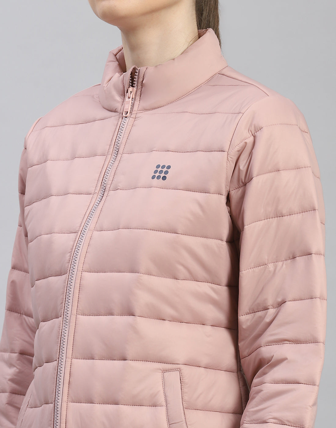 Women Peach Solid Stand Collar Full Sleeve Jacket