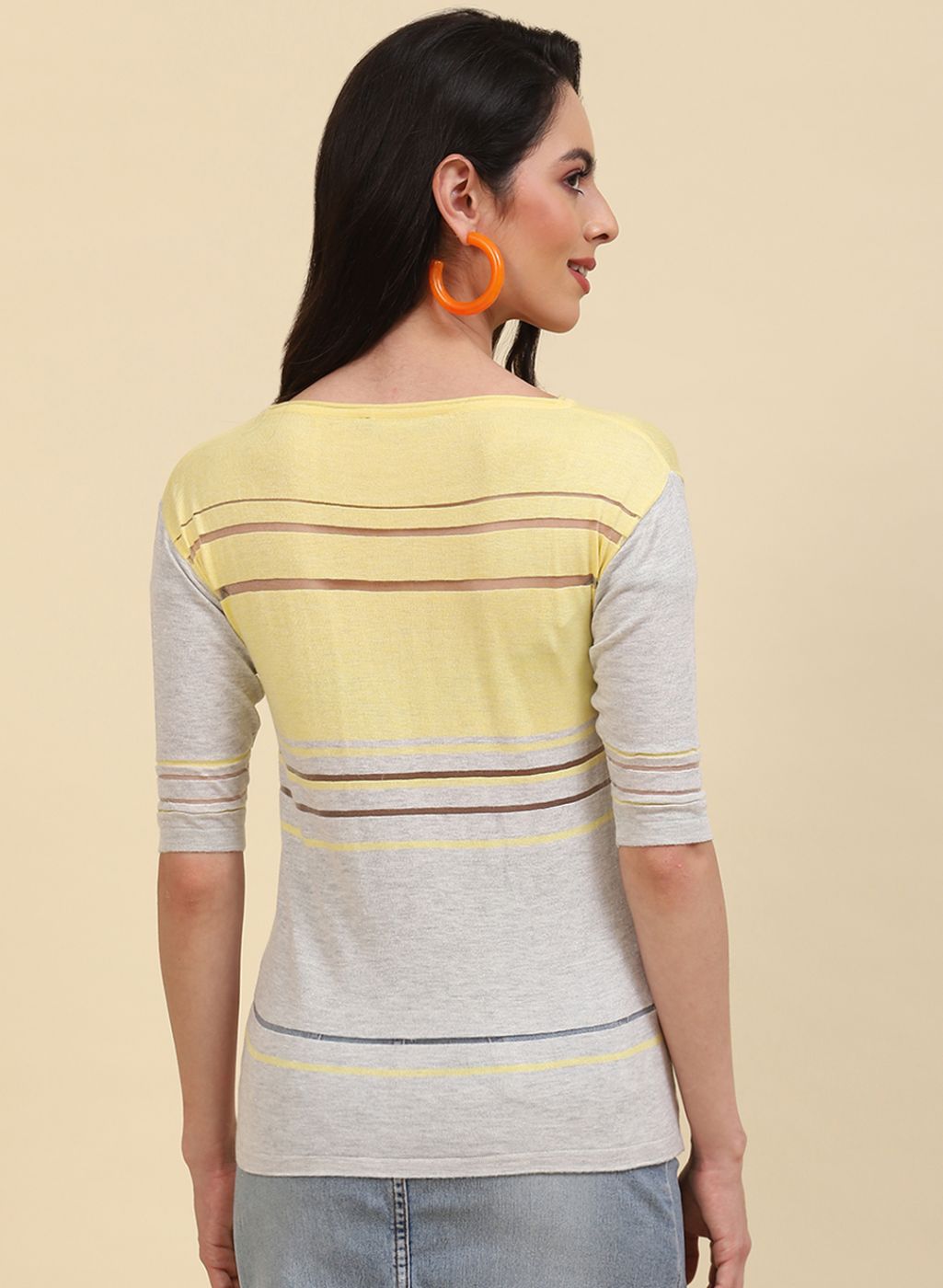 Women Grey & Yellow Stripe Top