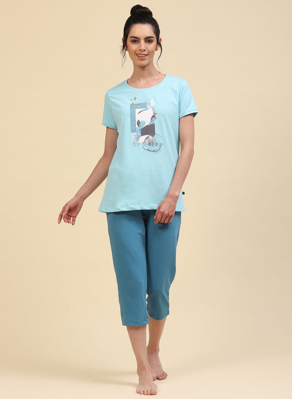 Women Sky Blue Printed Capri Set