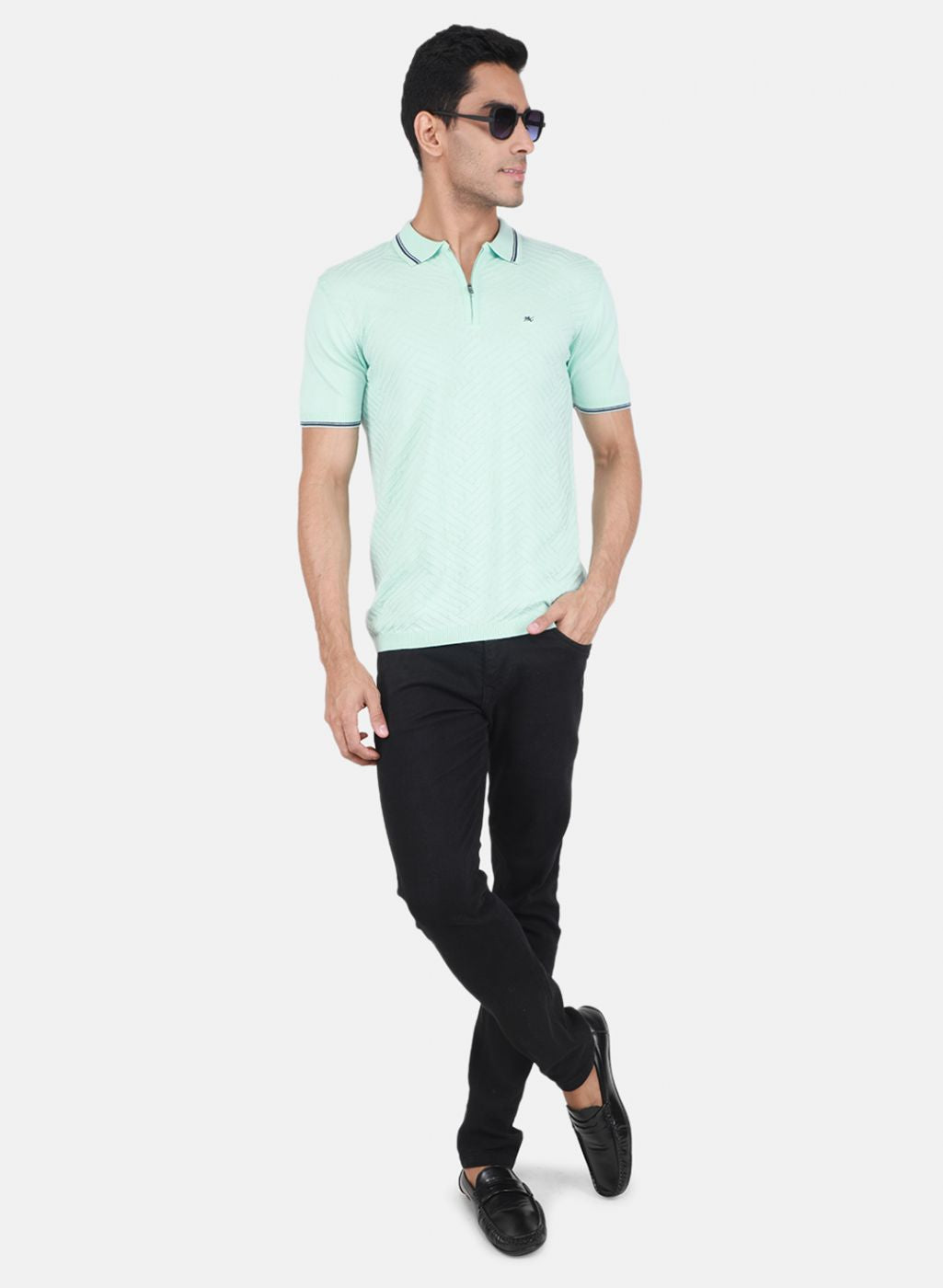 Men Aqua Blue Self Design T-Shirt