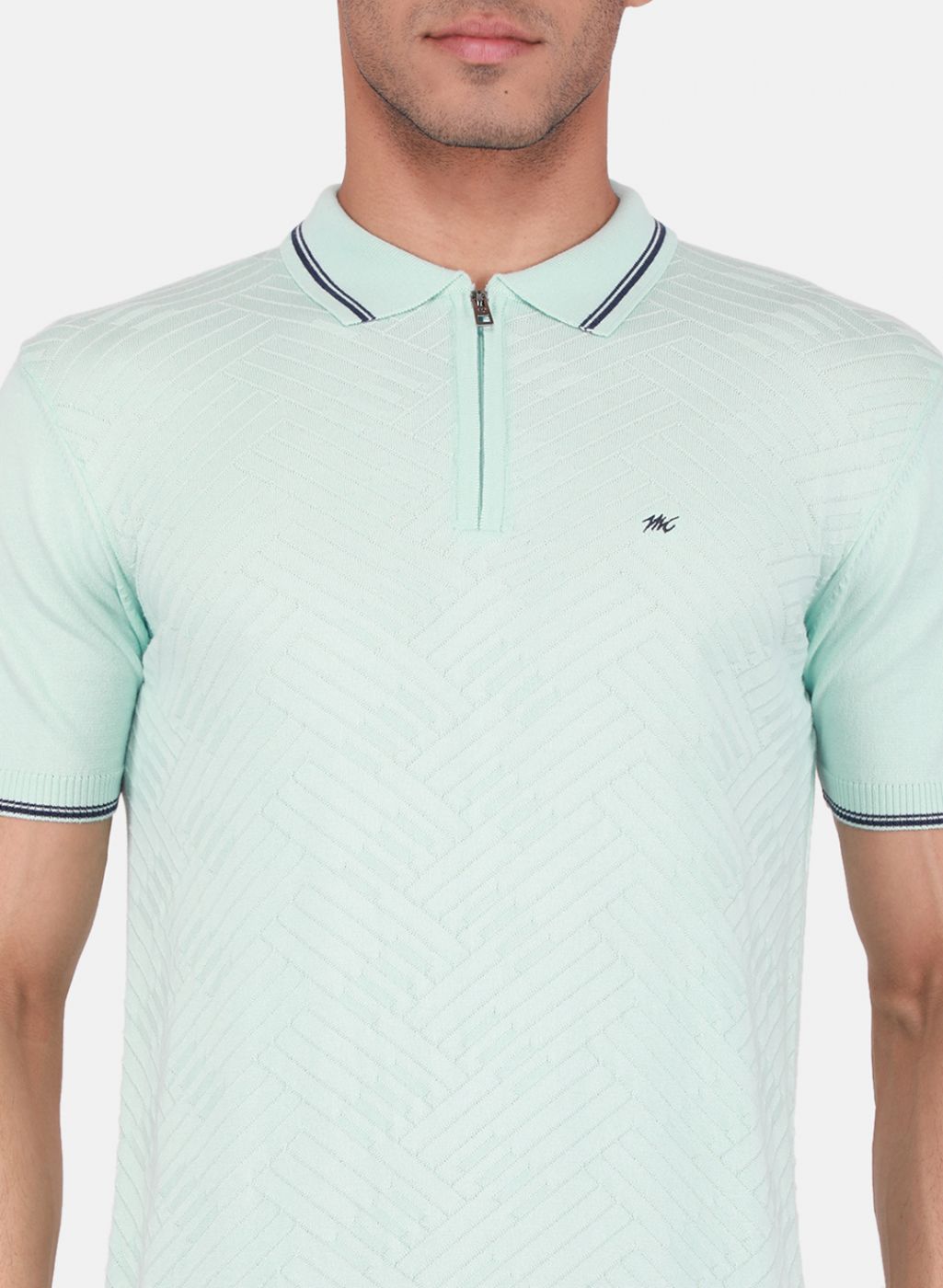 Men Aqua Blue Self Design T-Shirt