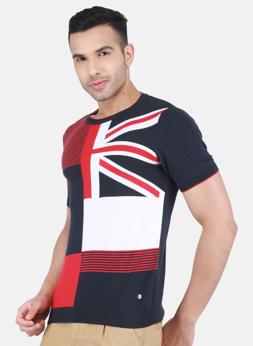 Men NAvy Blue Self Design T-Shirt
