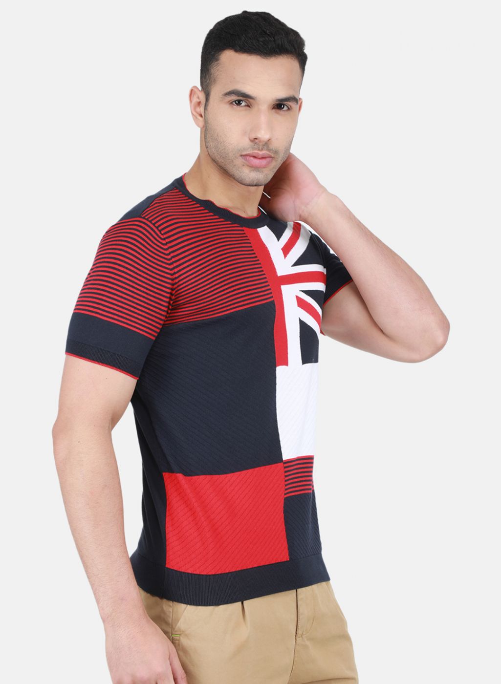Men NAvy Blue Self Design T-Shirt