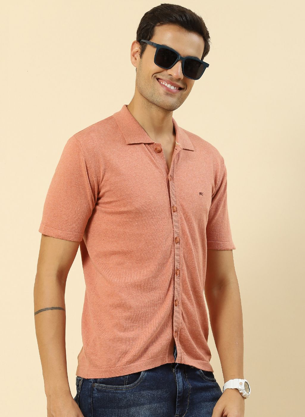 Men Peach Plain T-Shirt