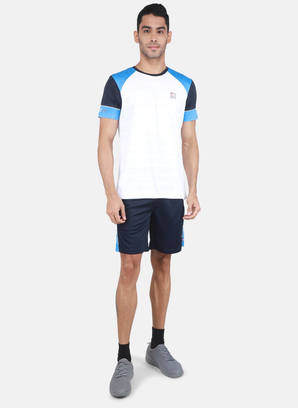 Men White & NAvy Blue Solid Bermuda Set