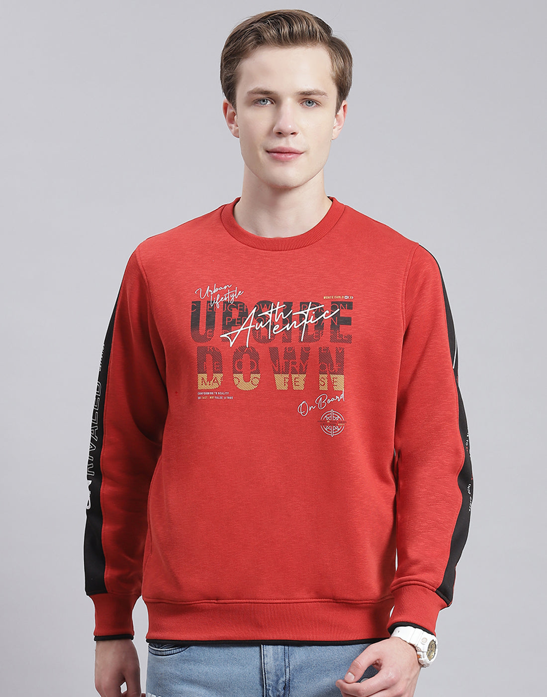 Men Red Printed Round Neck Full Sleeve Sweatshirt