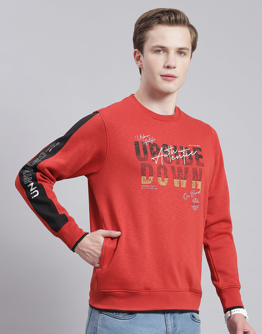Men Red Printed Round Neck Full Sleeve Sweatshirt