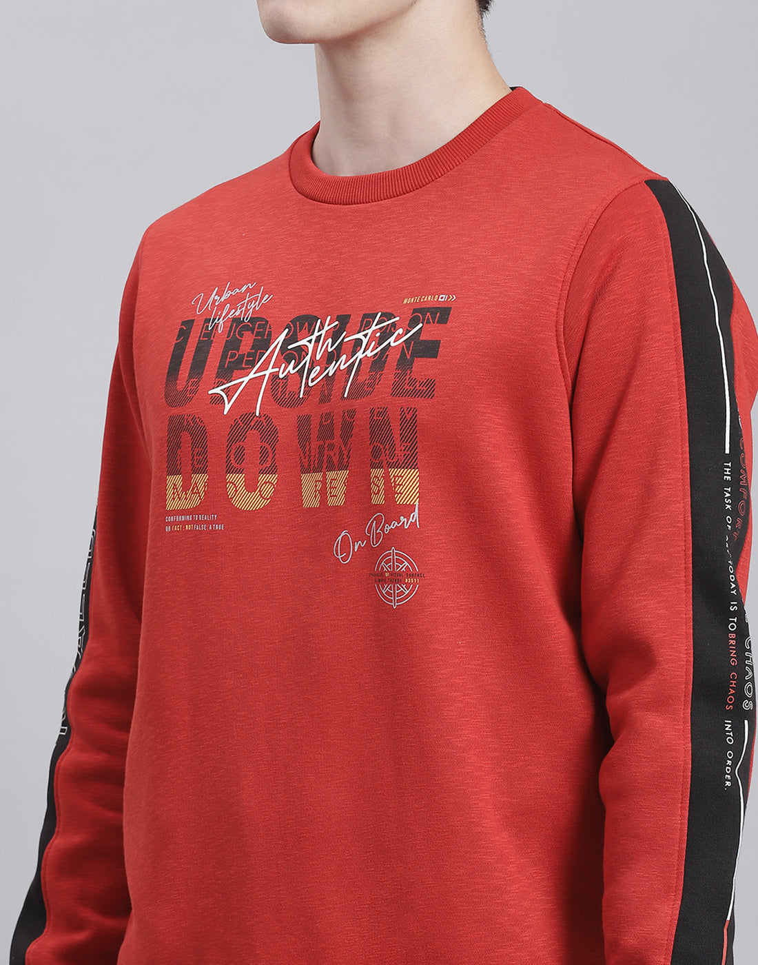 Men Red Printed Round Neck Full Sleeve Sweatshirt