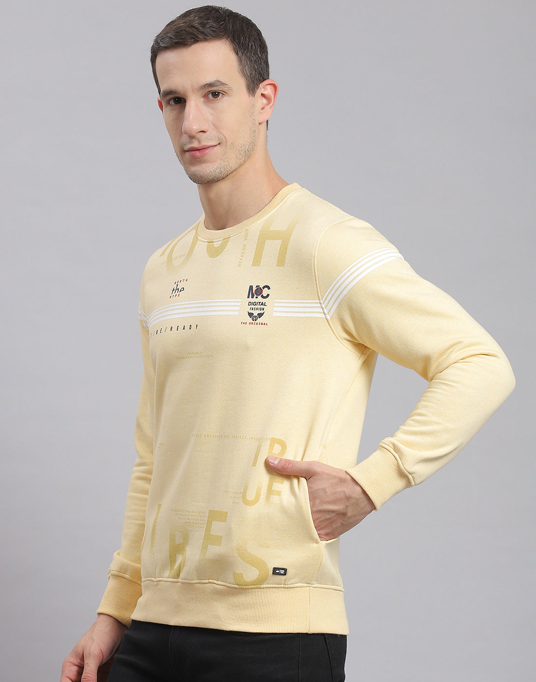 Men Beige Printed Round Neck Full Sleeve Sweatshirt