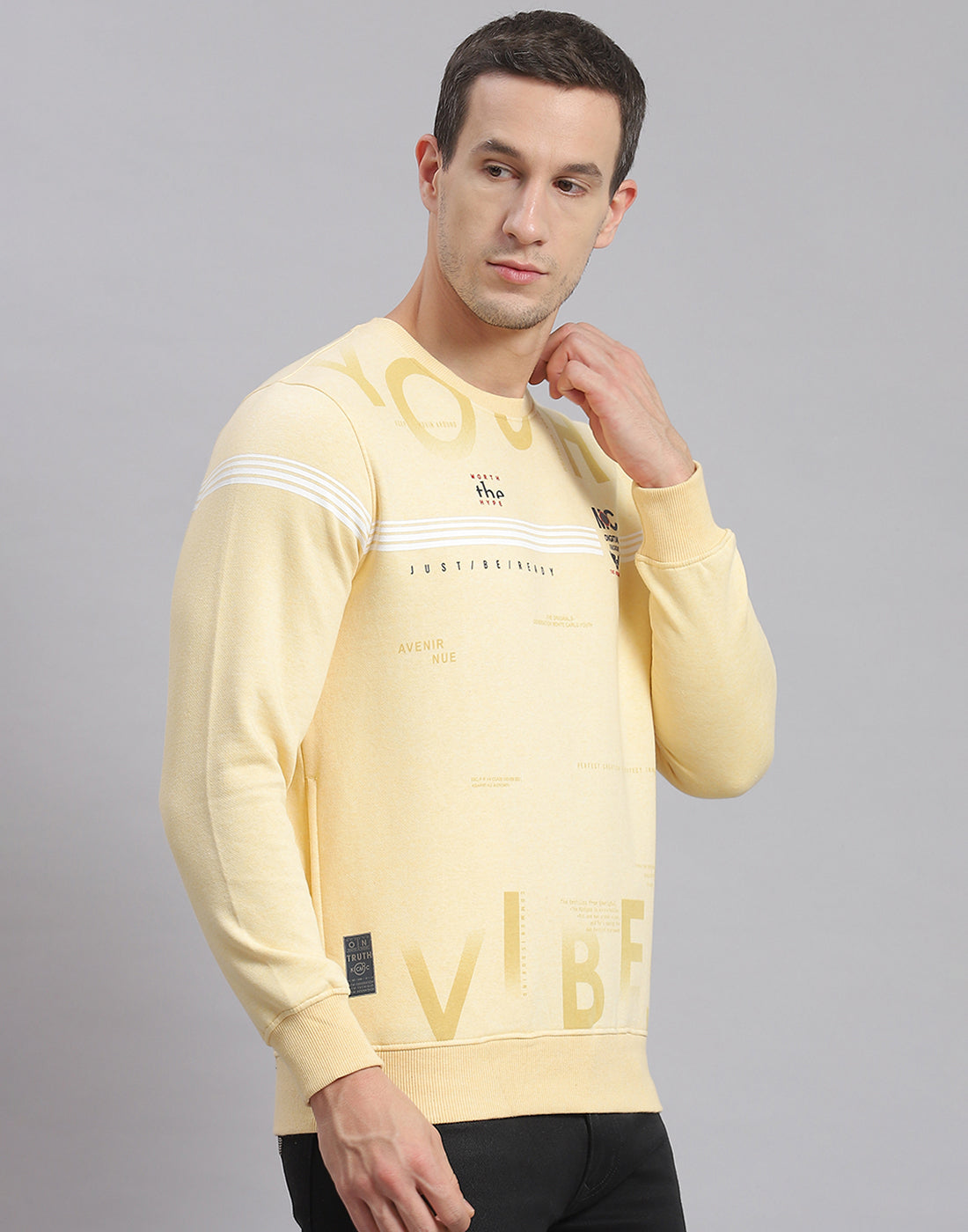 Men Beige Printed Round Neck Full Sleeve Sweatshirt