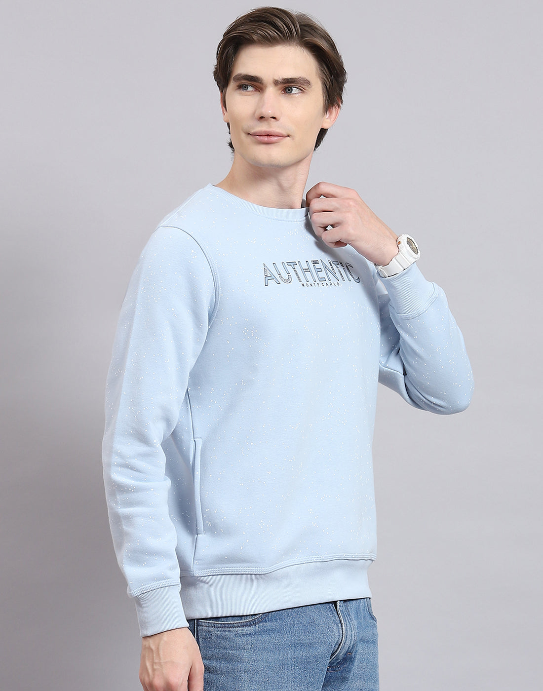 Men Blue Printed Round Neck Full Sleeve Sweatshirt