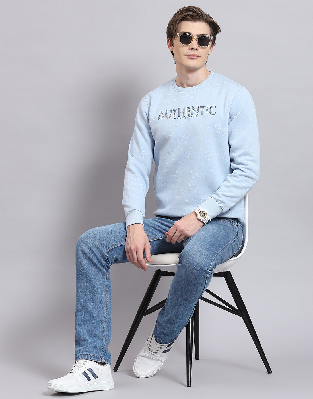 Men Blue Printed Round Neck Full Sleeve Sweatshirt