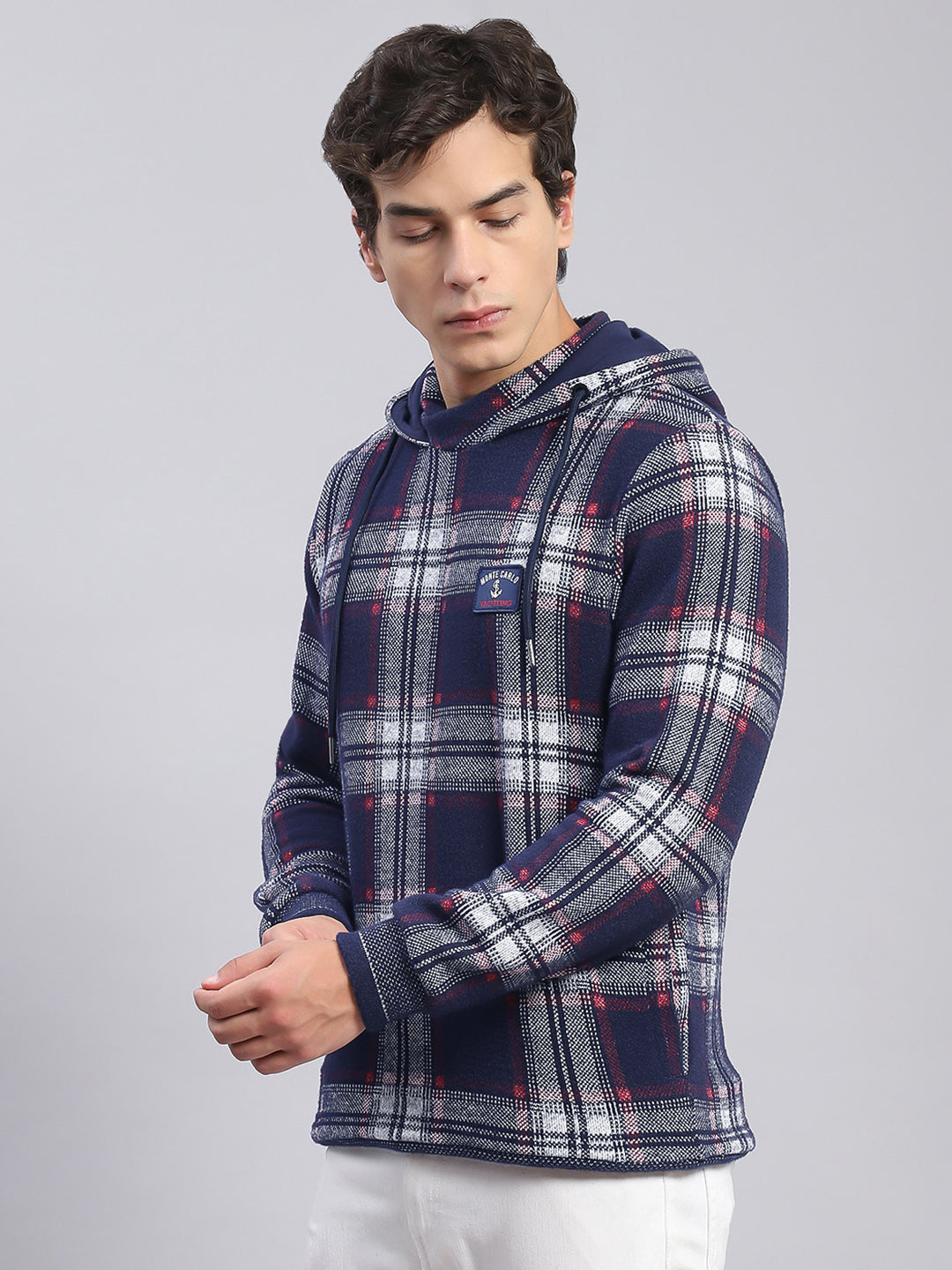 Men Blue Check Hooded Full Sleeve Sweatshirts