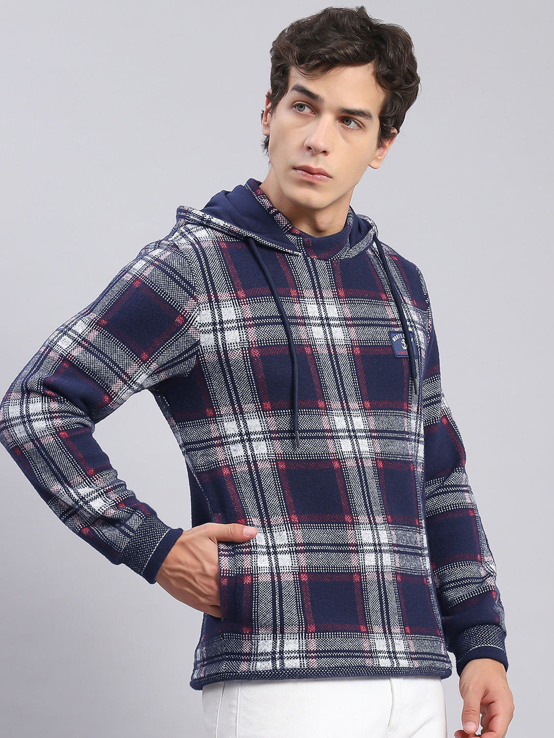 Men Blue Check Hooded Full Sleeve Sweatshirts