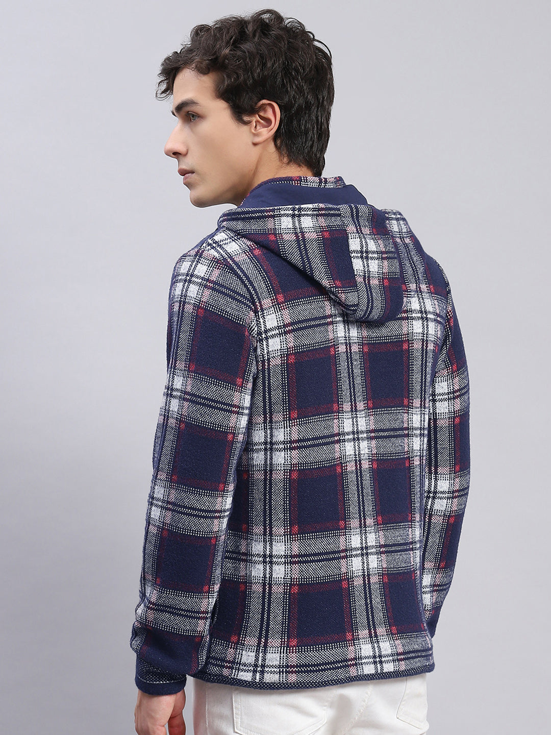 Men Blue Check Hooded Full Sleeve Sweatshirts