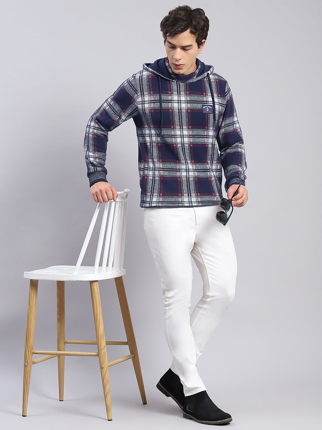 Men Blue Check Hooded Full Sleeve Sweatshirts
