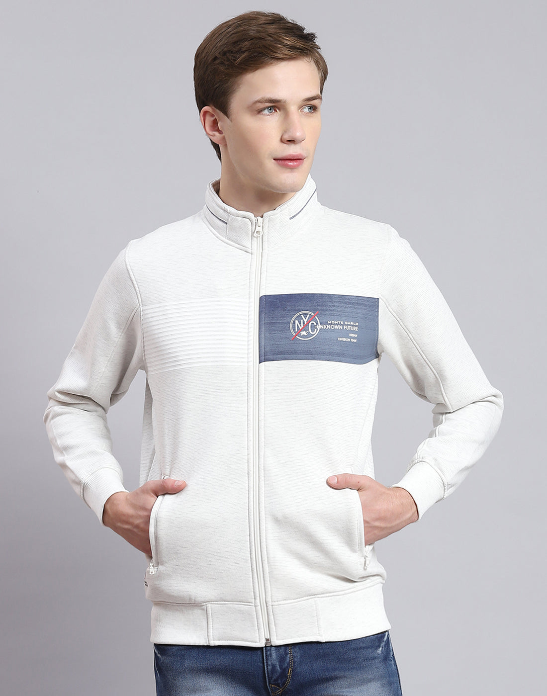 Men Off White Solid Stand Collar Full Sleeve Sweatshirt
