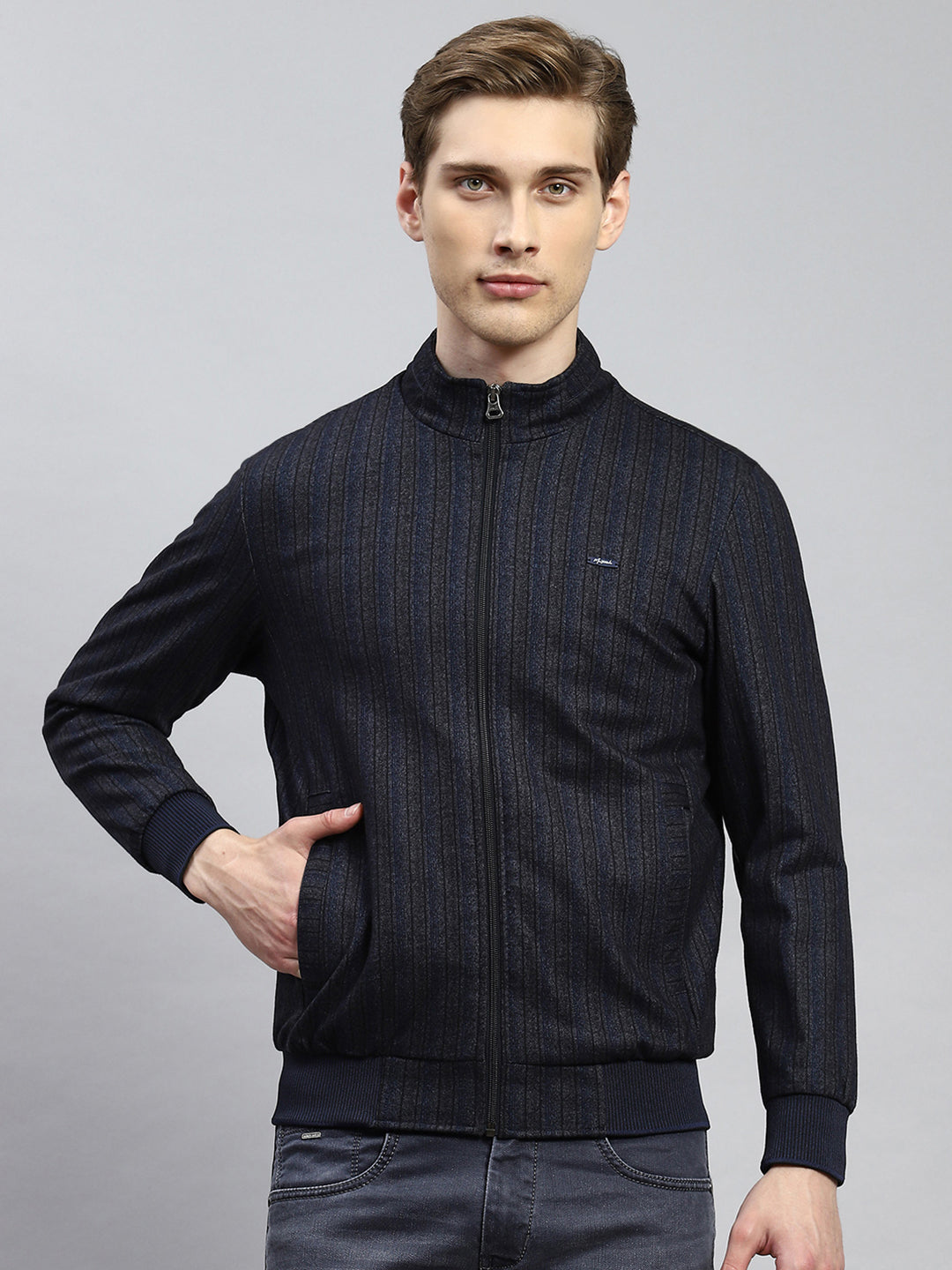 Men Navy Blue Plain Jacket