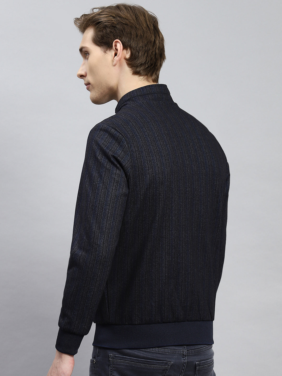 Men Navy Blue Plain Jacket