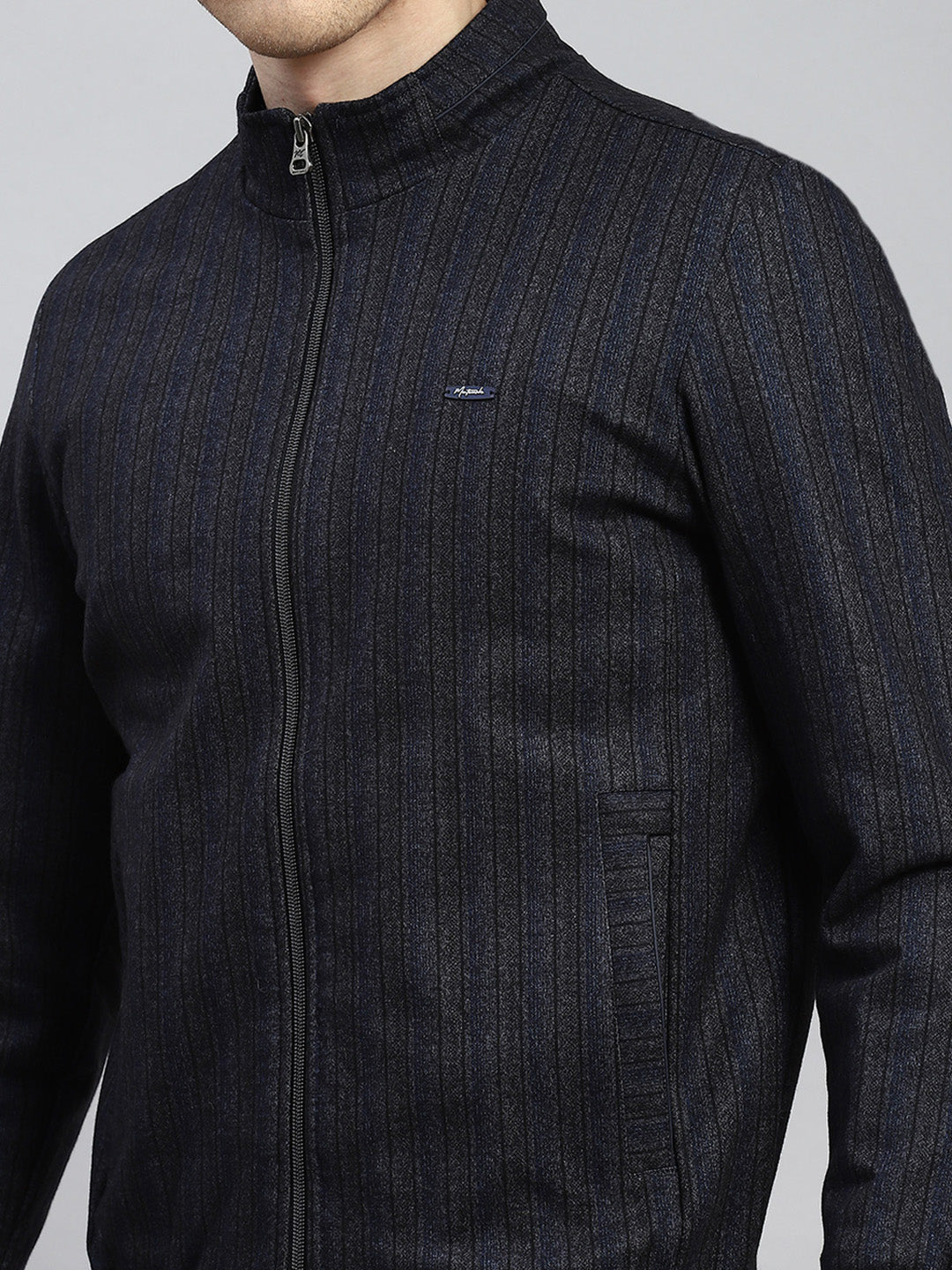 Men Navy Blue Plain Jacket