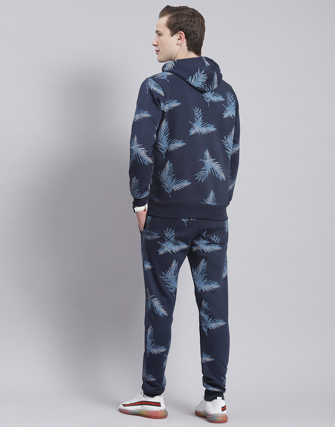 Men Navy Blue Printed Hooded Full Sleeve Tracksuit