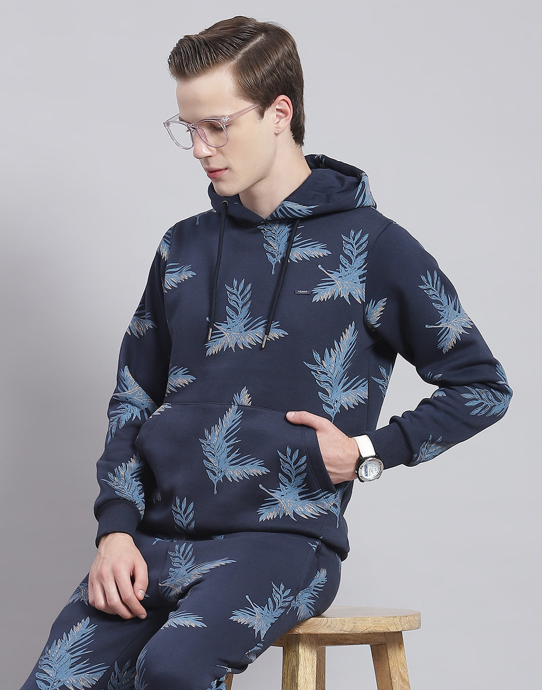 Men Navy Blue Printed Hooded Full Sleeve Tracksuit