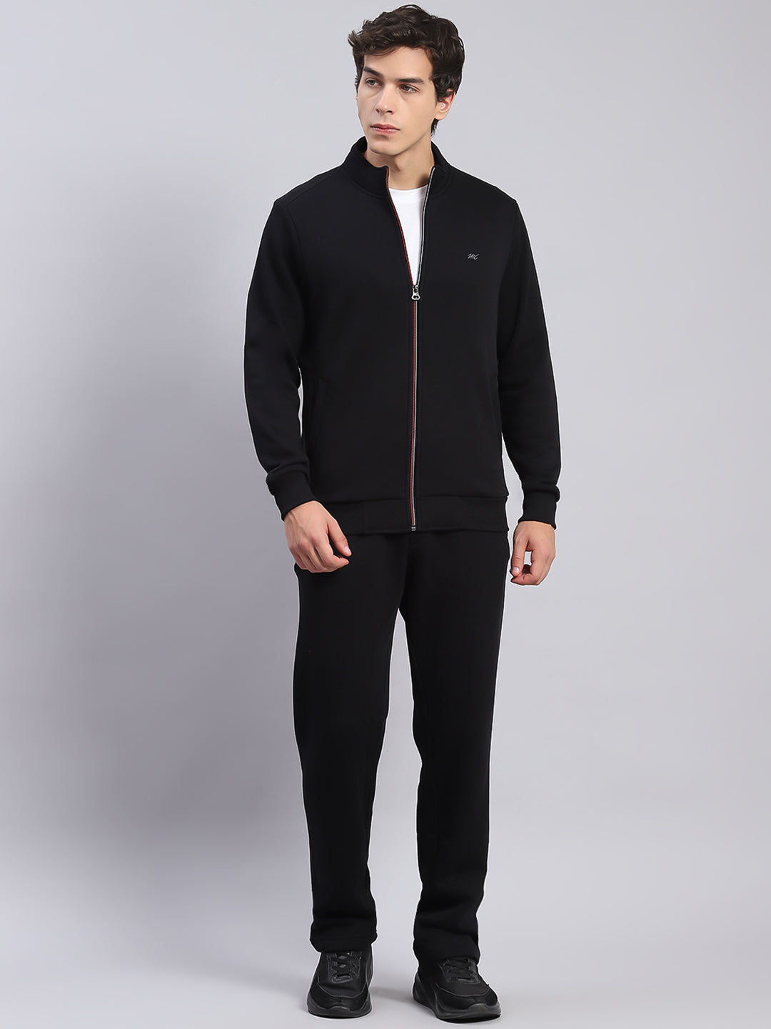 Men Black Solid Stand Collar Full Sleeve Tracksuits