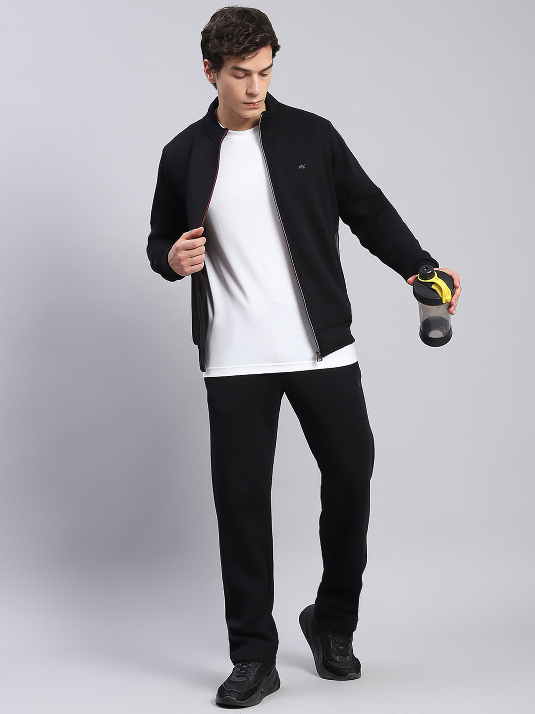 Men Black Solid Stand Collar Full Sleeve Tracksuits