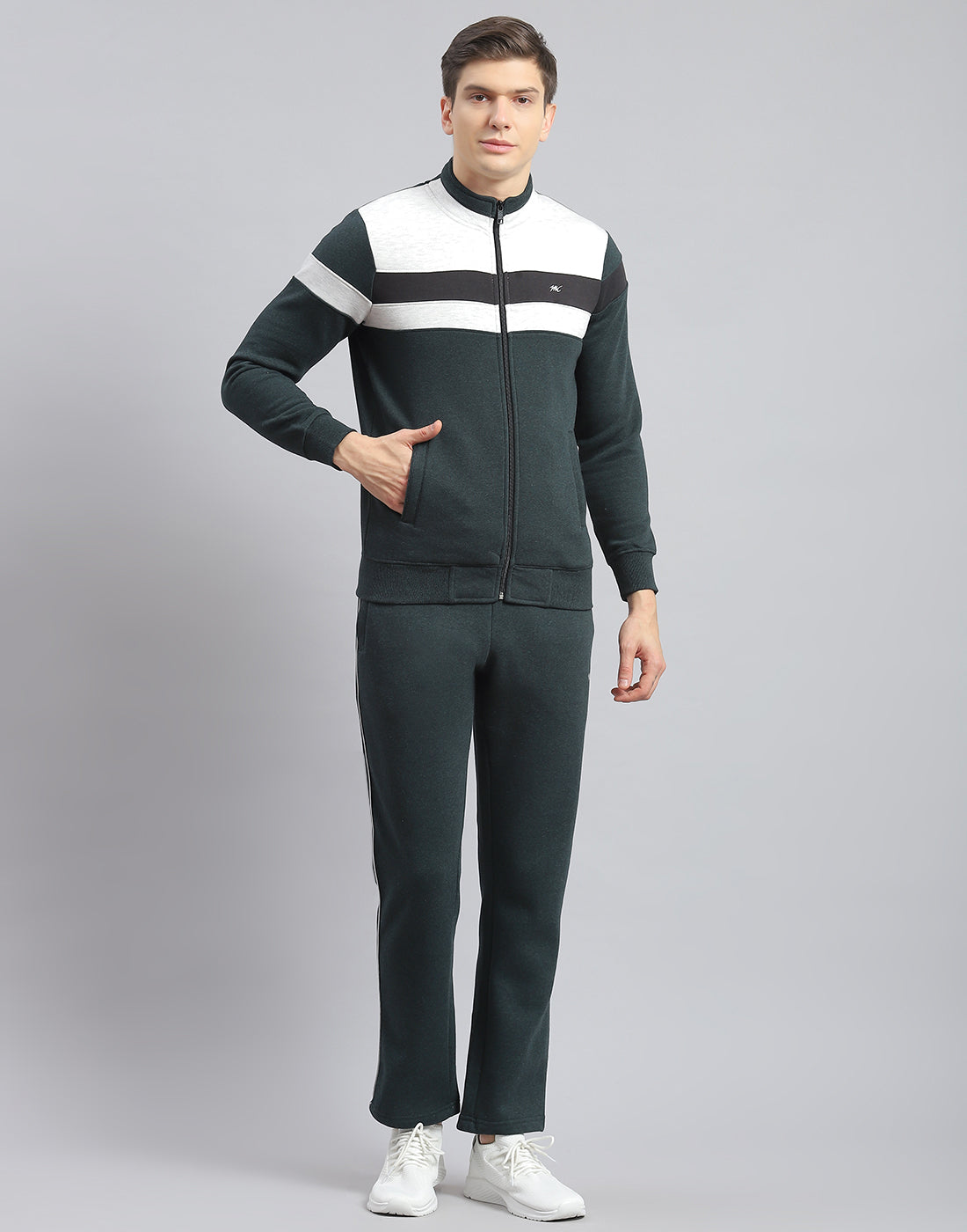Men Teal Blue Solid Stand Collar Full Sleeve Tracksuit