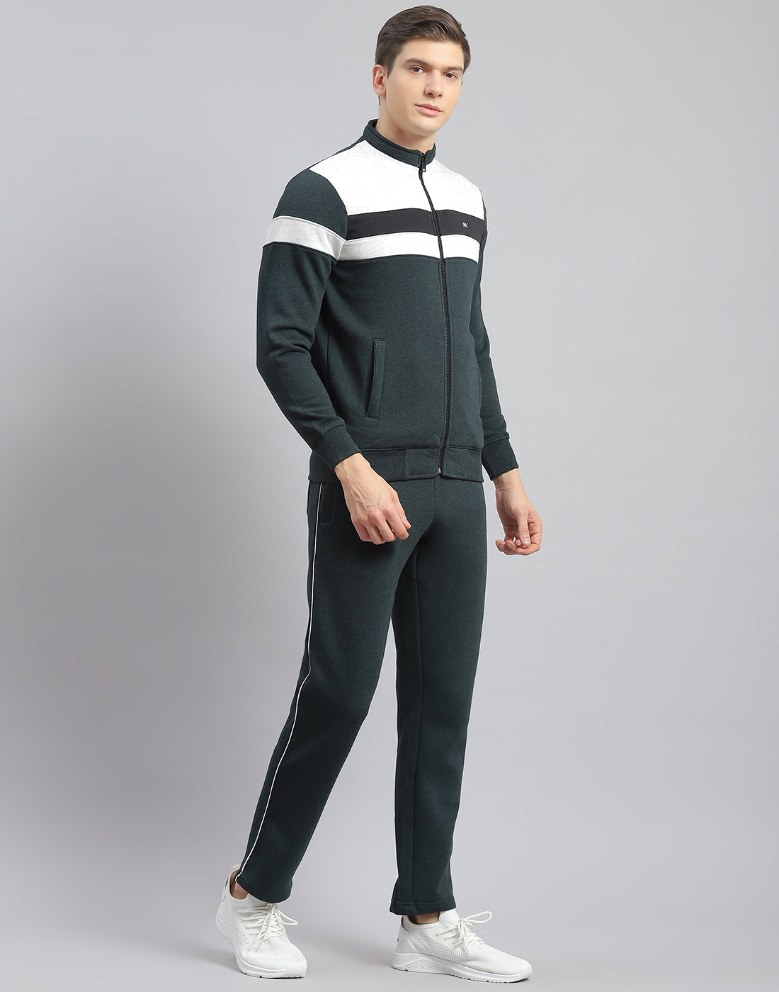 Men Teal Blue Solid Stand Collar Full Sleeve Tracksuit