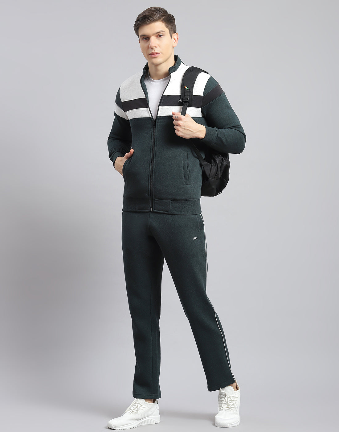 Men Teal Blue Solid Stand Collar Full Sleeve Tracksuit