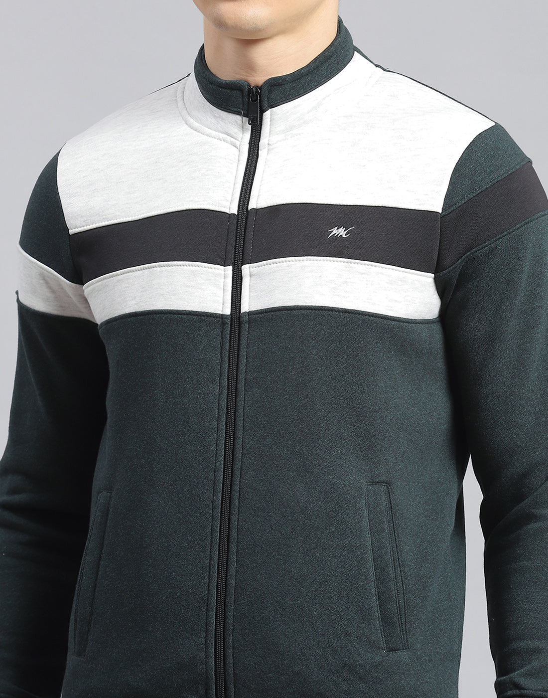 Men Teal Blue Solid Stand Collar Full Sleeve Tracksuit