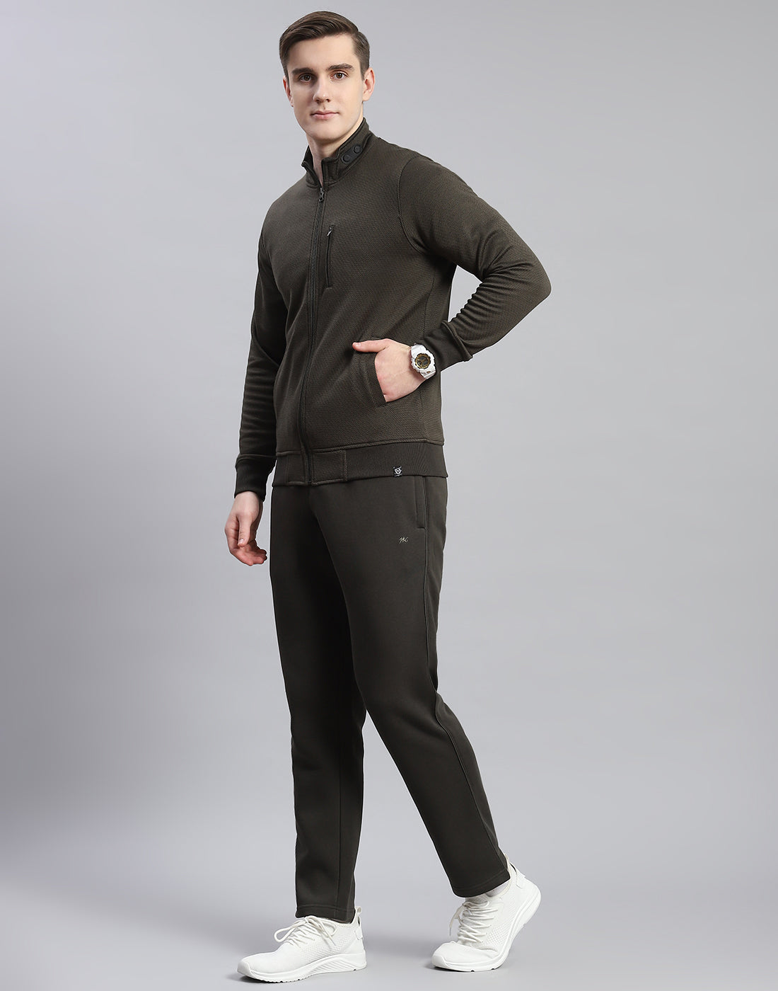 Men Olive Solid Stand Collar Full Sleeve Tracksuit
