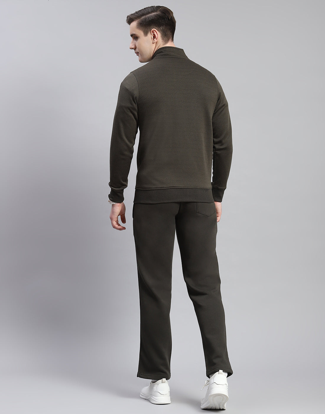 Men Olive Solid Stand Collar Full Sleeve Tracksuit