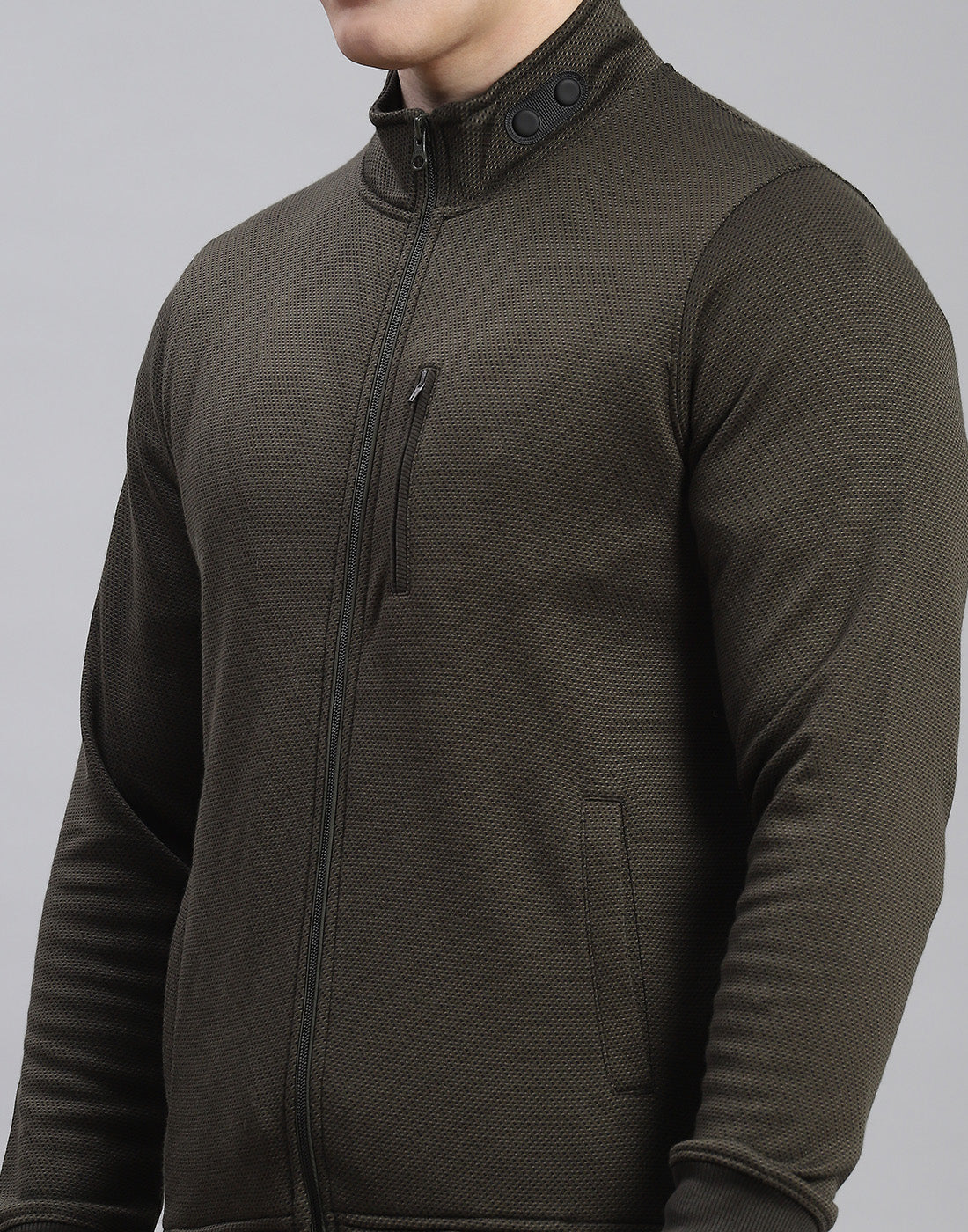 Men Olive Solid Stand Collar Full Sleeve Tracksuit
