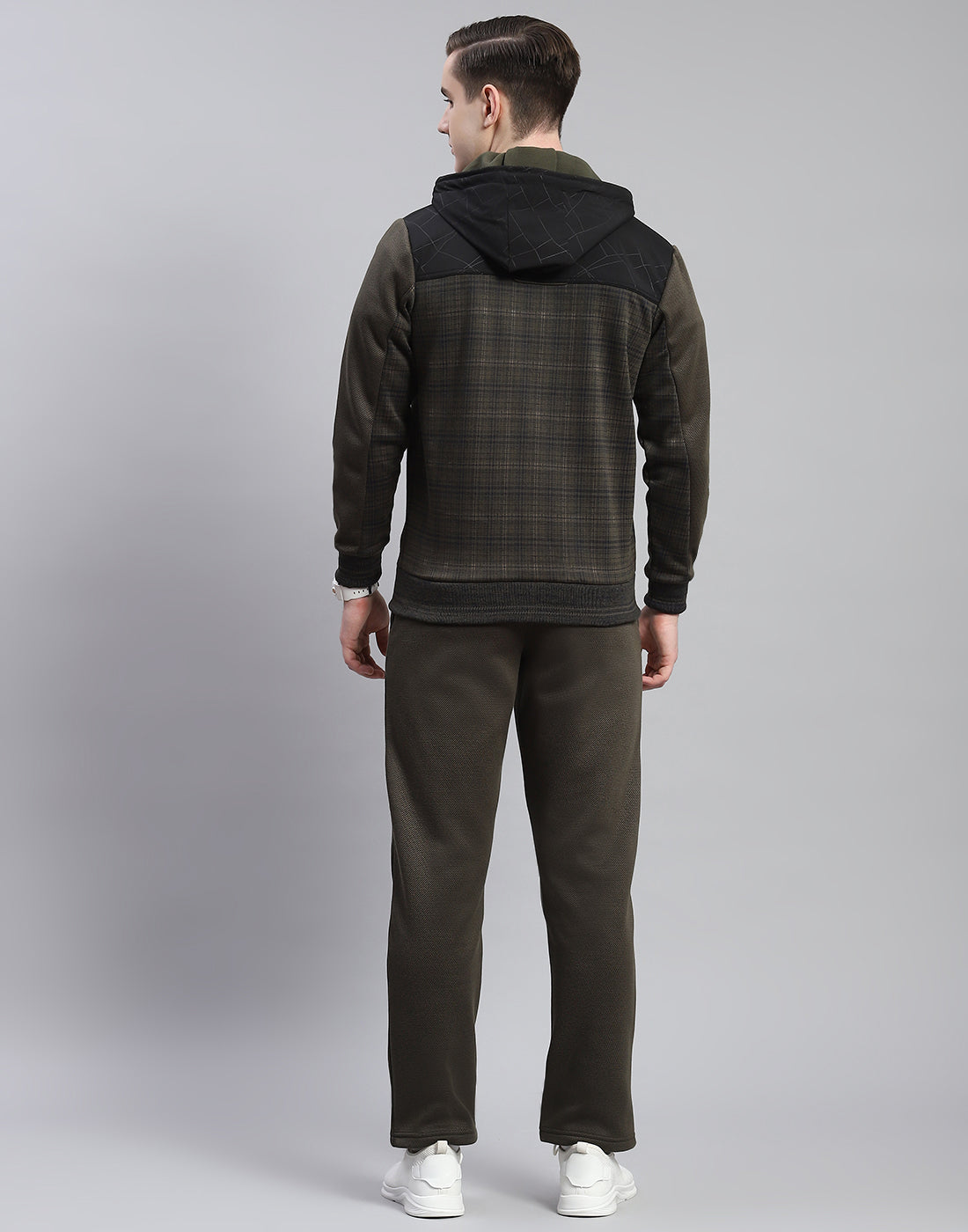Men Olive Solid Hooded Full Sleeve Tracksuit
