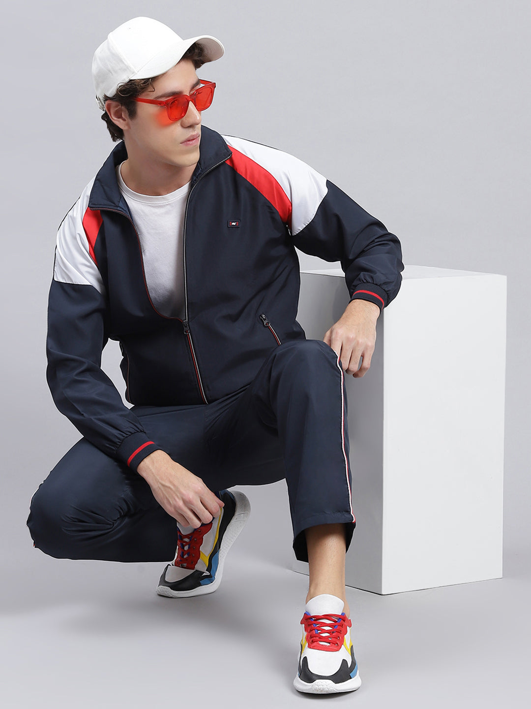 Men Navy Blue Solid Cotton Blend Track Suit