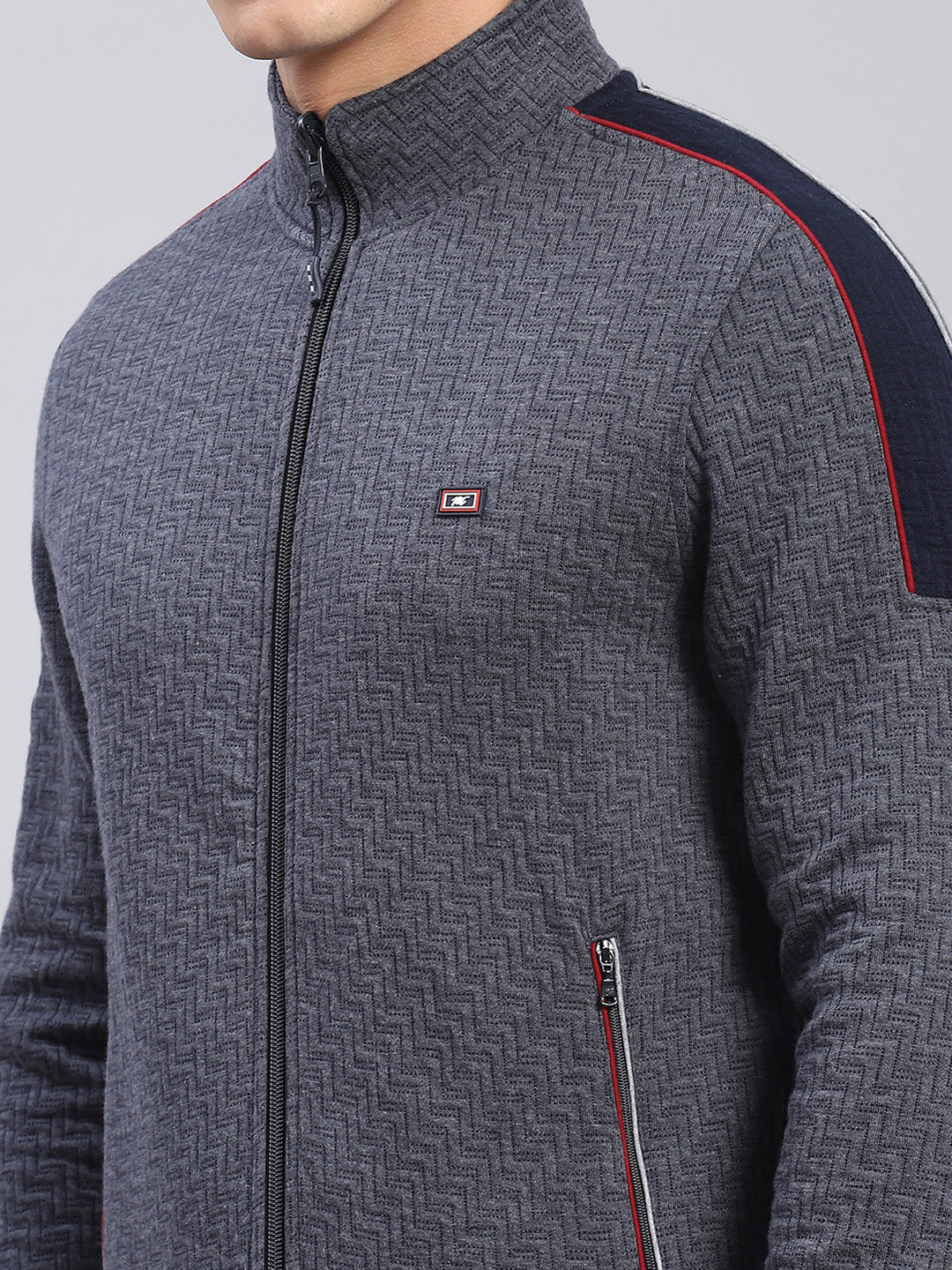 Men Grey Solid Stand Collar Full Sleeve Tracksuits