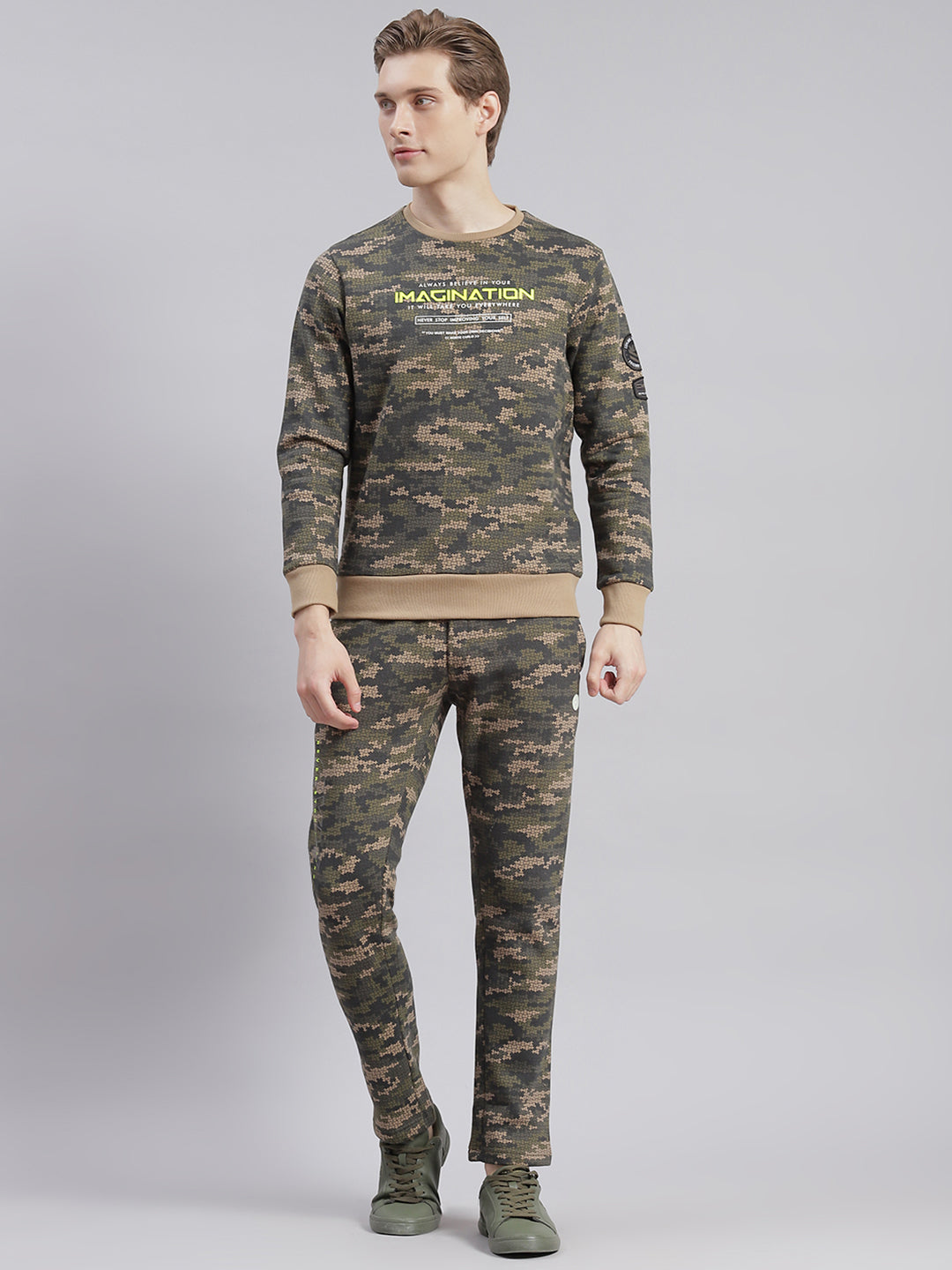 Men Olive Printed Round Neck Full Sleeve Tracksuits
