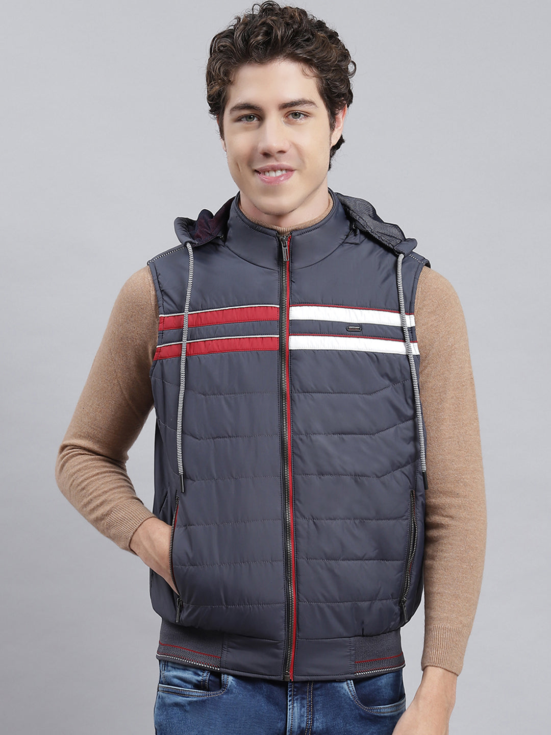 Men Navy Blue Plain Jacket