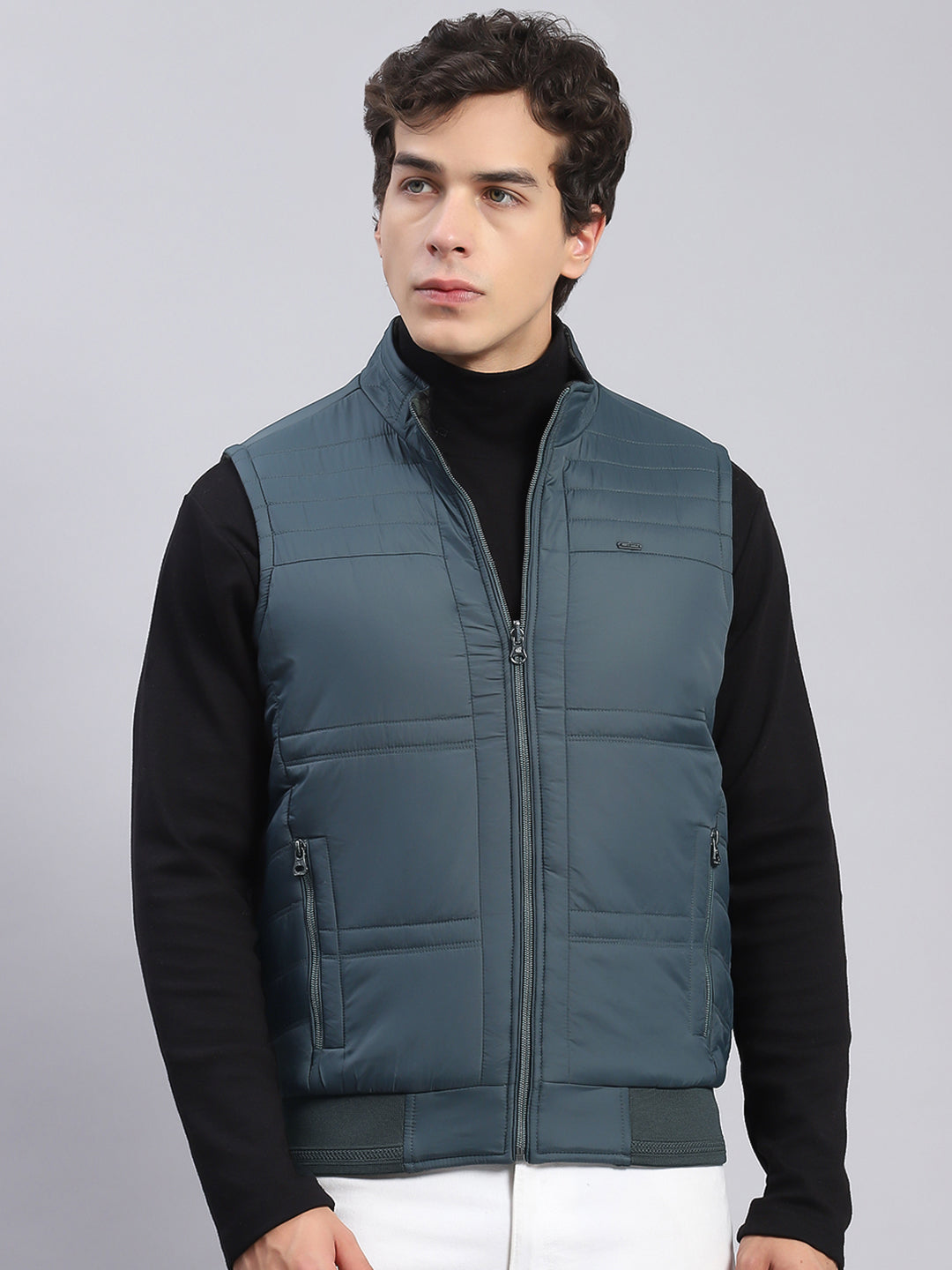 Men Navy Blue Check Stand Collar Sleeveless Jackets