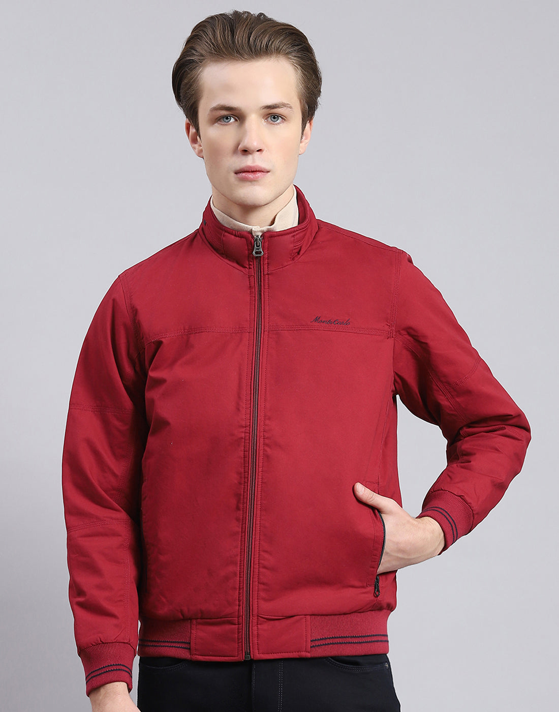 Men Maroon Solid Stand Collar Full Sleeve Jacket