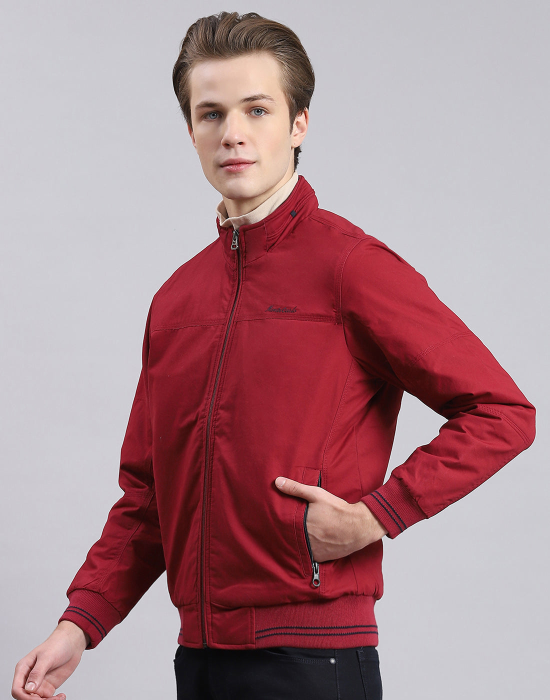 Men Maroon Solid Stand Collar Full Sleeve Jacket