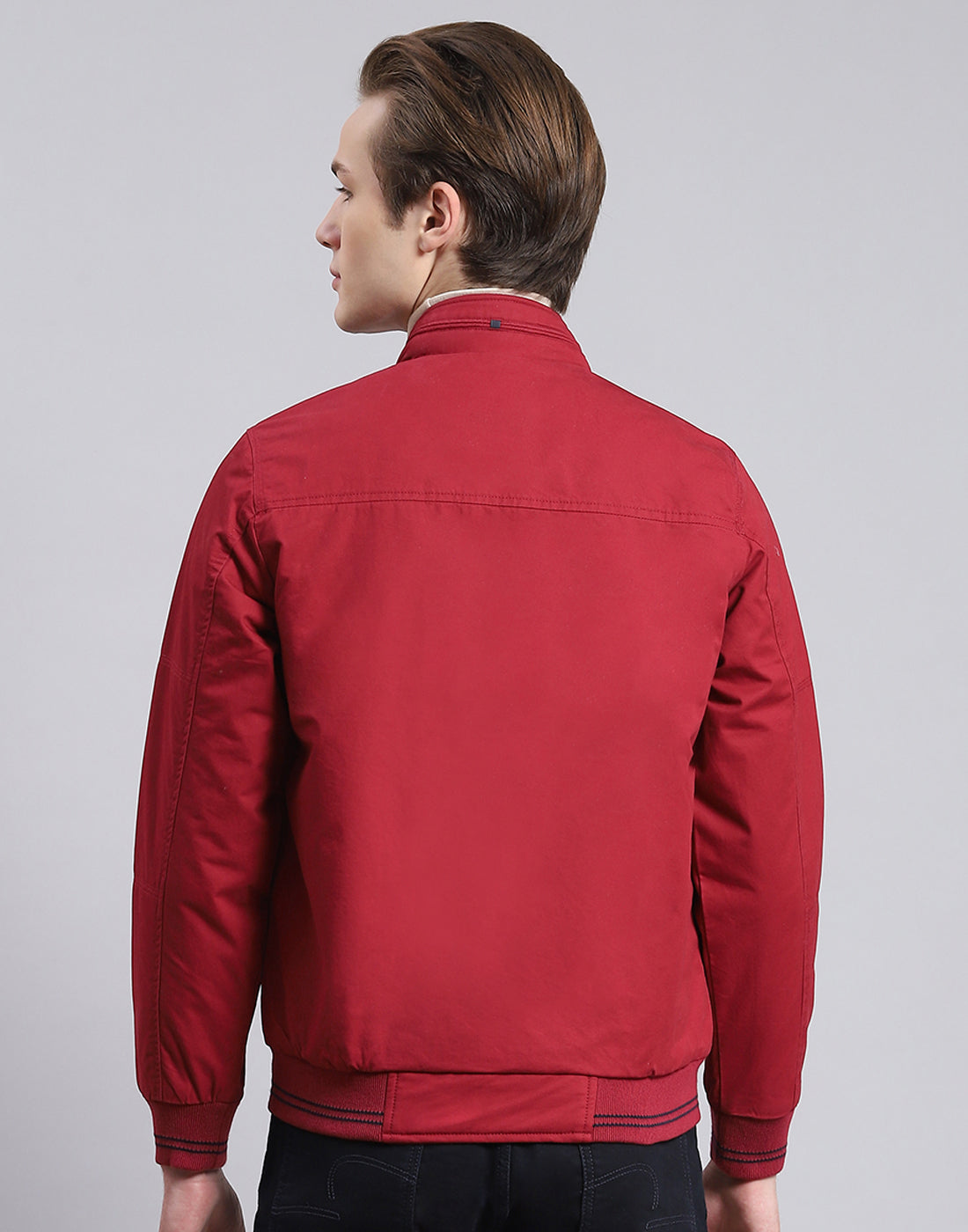 Men Maroon Solid Stand Collar Full Sleeve Jacket