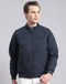 Men Navy Blue Solid Stand Collar Full Sleeve Jacket