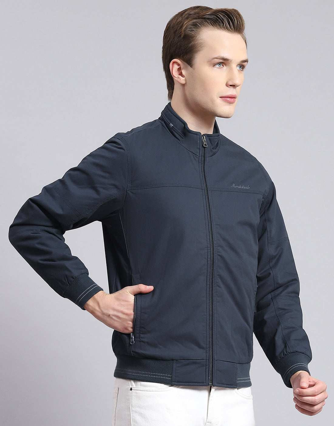 Men Navy Blue Solid Stand Collar Full Sleeve Jacket
