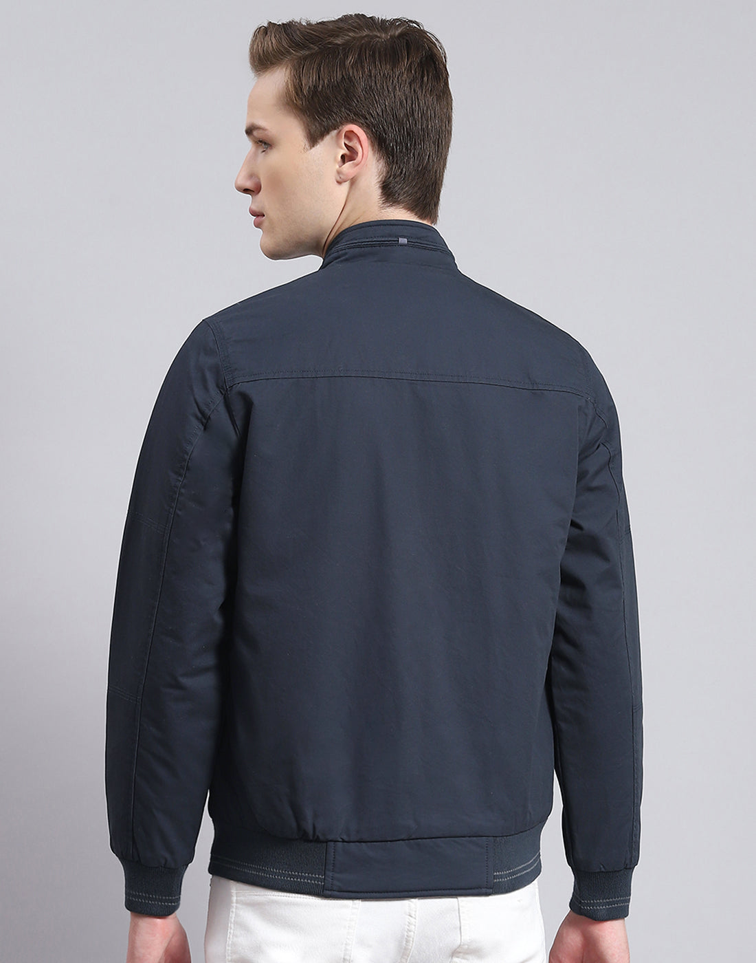 Men Navy Blue Solid Stand Collar Full Sleeve Jacket