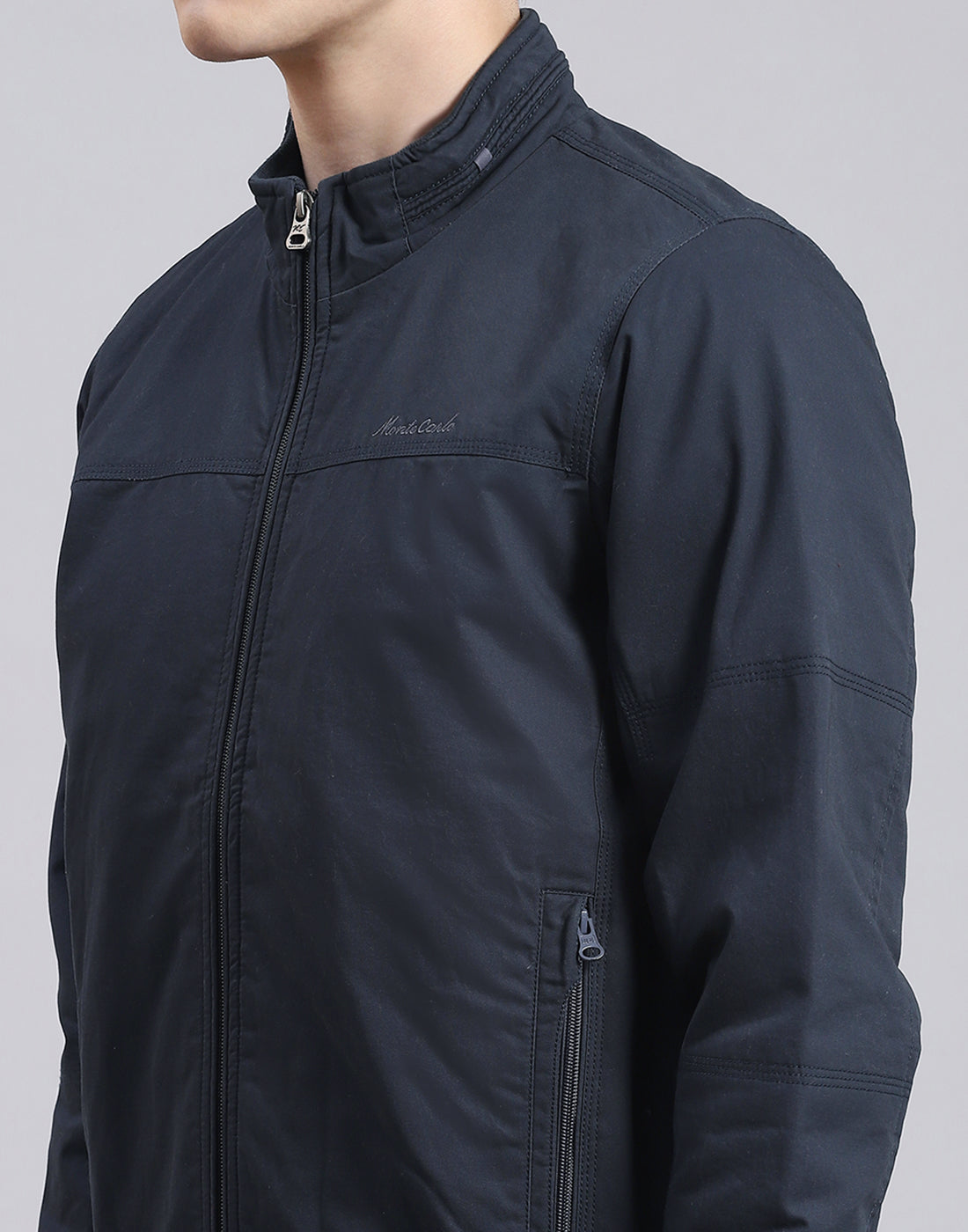 Men Navy Blue Solid Stand Collar Full Sleeve Jacket