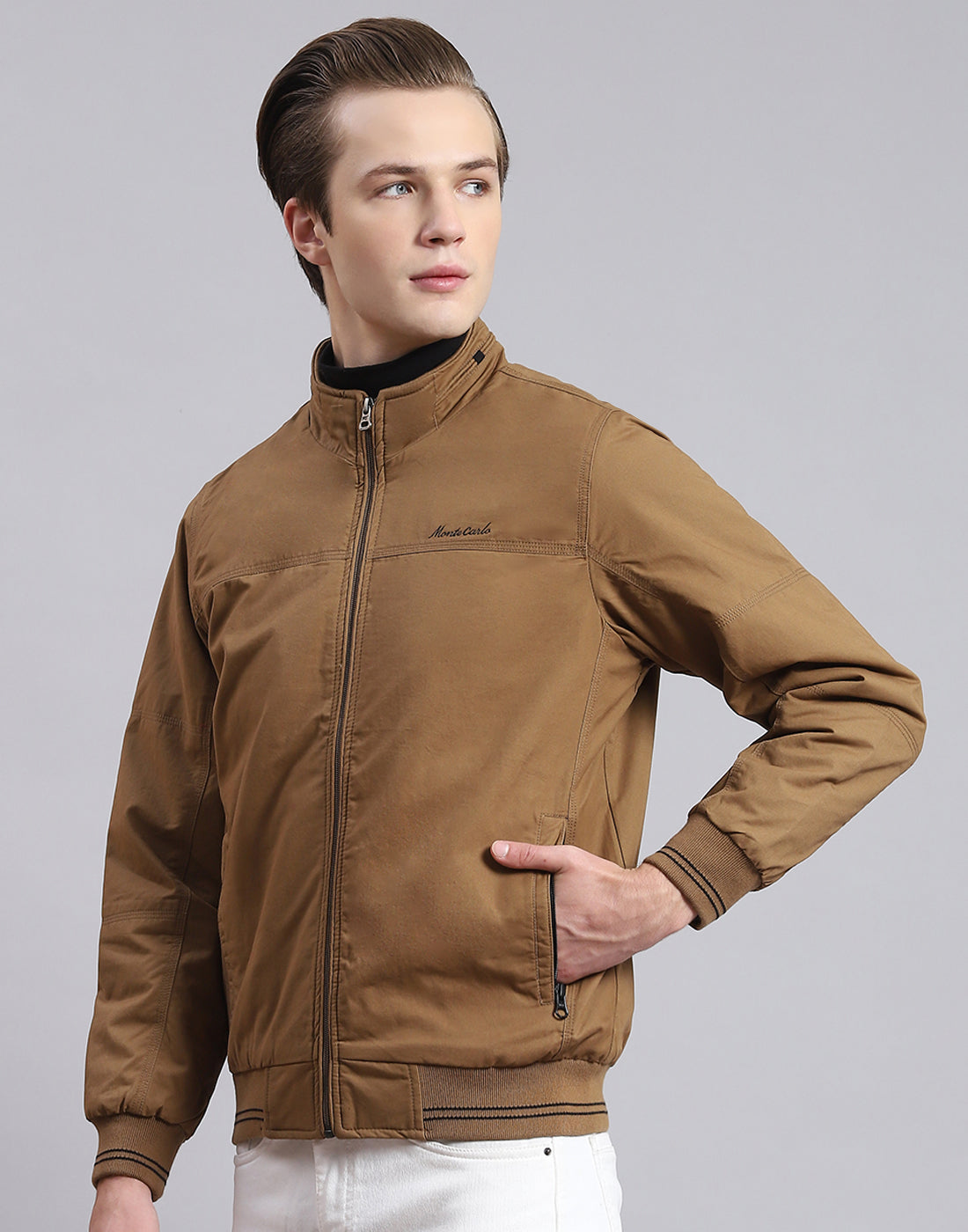 Men Brown Solid Stand Collar Full Sleeve Jacket